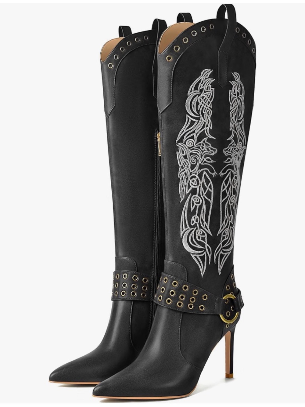 Studded Black Knee high Stiletto Boots with Embroidery boho chic size 7 women’s